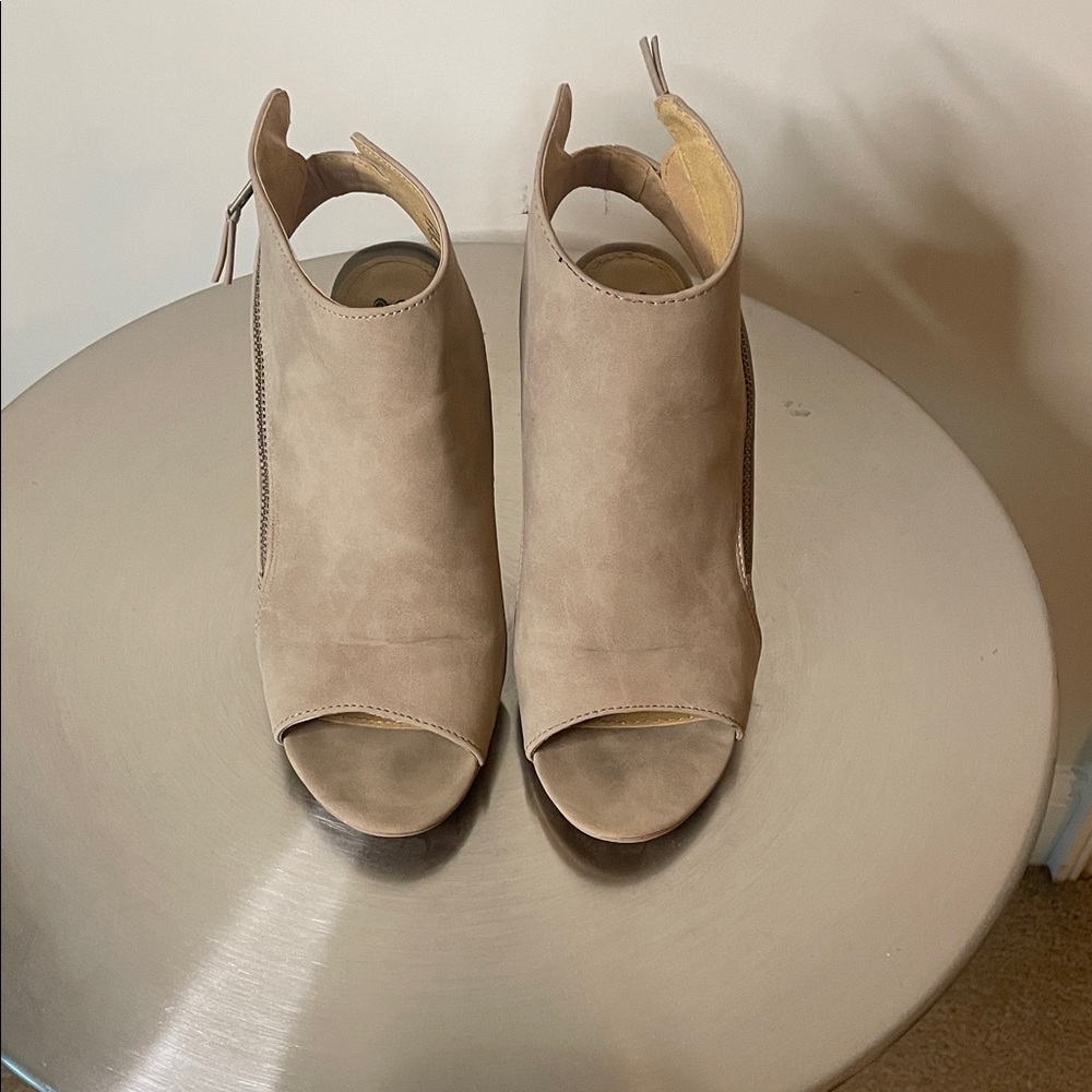 Brash Taupe Suede Peep-Toe Ankle Booties